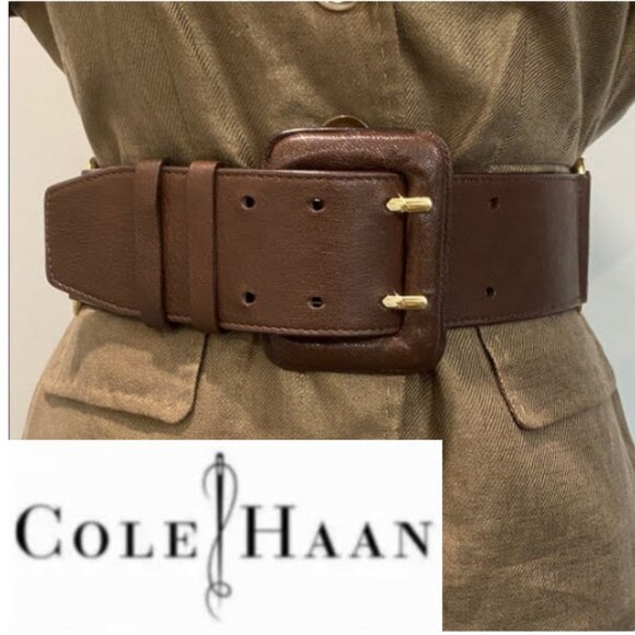 Cole Haan Wide Brown Leather Belt, Size Small, Adjustable Buckle - Picture 1 of 13